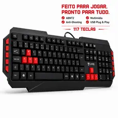 Teclado Gamer CLANM Styger Preto Vermelho ABNT2 USB 117 Teclas Multimídia Anti-Ghosting Teclas Atalho PC Notebook