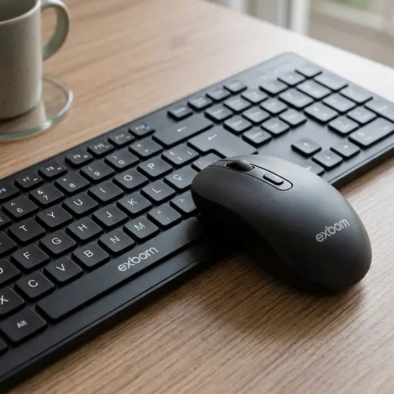 kit Teclado Sem Fio Preto Slim ABNT2 Mouse Ergonômico com Pilha Home Office Plug and Play USB Exbom Silencioso