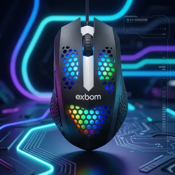 Mouse Gamer Preto Exbom RGB Preto Com Fio LED DPI Jogo Ergonômico USB PC Notebook Plug and Play