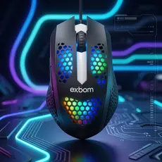 Mouse Gamer Preto Exbom RGB Com Fio LED 1200 DPI Jogo Ergonômico USB PC Notebook Plug and Play