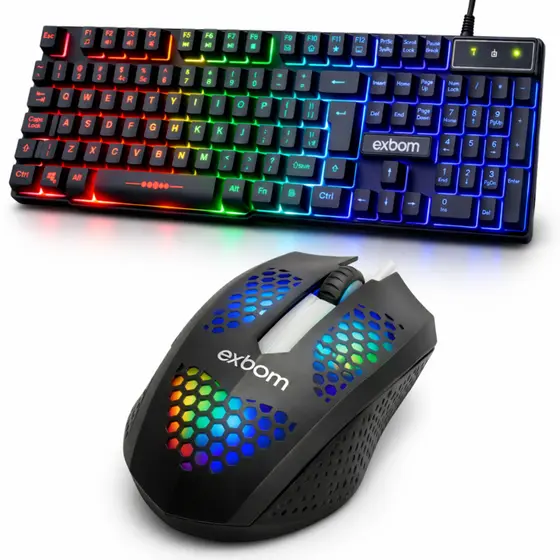 Kit Gamer Teclado Semi Mecânico ABNT2 + Mouse RGB Ergonômico com fio PC Notebook Tablet Exbom