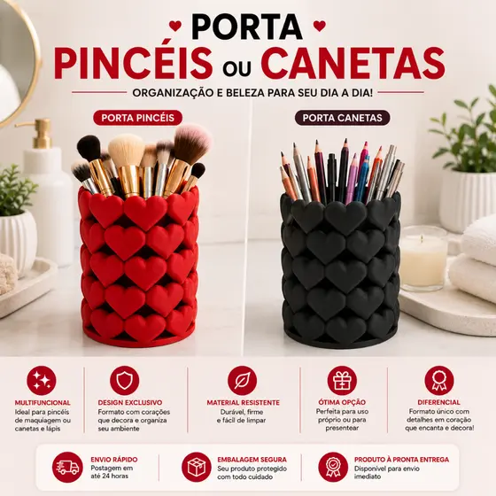 Porta pincéis decorativo com corações organizador de maquiagem em impressão 3D porta lápis e canetas