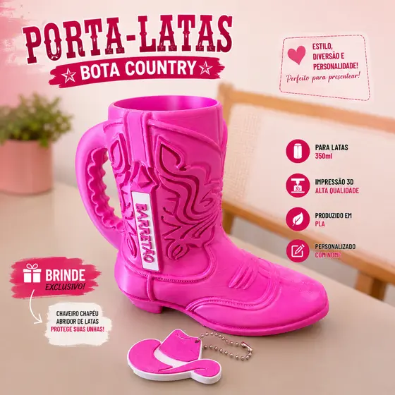 Porta Lata Bota Boiadeira Cowboy Sertanejo Barretos 350ml Personalizado com Nome + Brinde Chaveiro Abridor de Latas