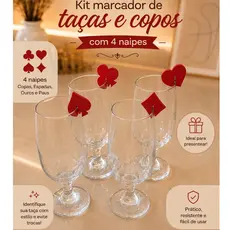 Kit Marcadores de Taças e Copos Naipes de Baralho Cores Vermelha e Preta Estilo Las Vegas Reunião de amigos Festas