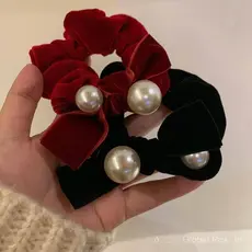 Elástico de Cabelo Vermelho para o Ano Novo 2026, Novo Modelo, Scrunchie de Veludo com Pérolas, Estilo Francês, Acessóri