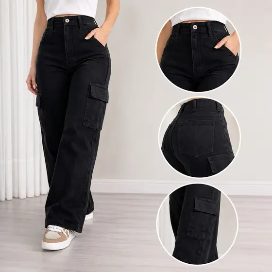 Calça Jeans Cargo Feminina Cintura Alta Modela Bumbum PREMIUM