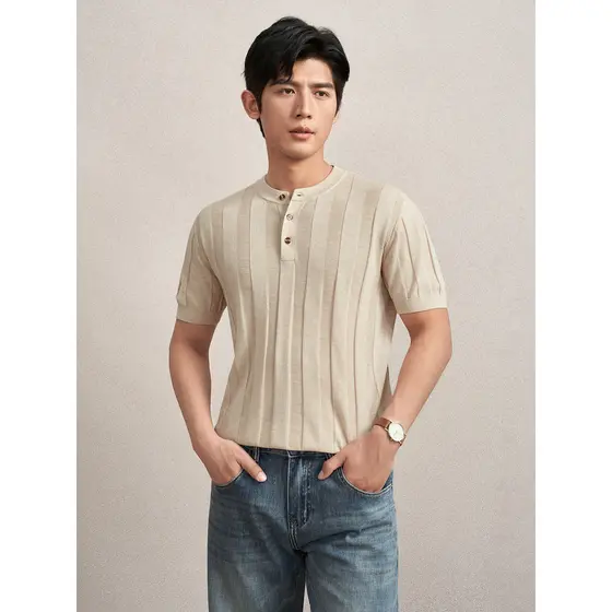 Aojia oco tecer respirável malhas masculinas de manga curta fina Casual listras verticais camiseta 2026 verão novo estil