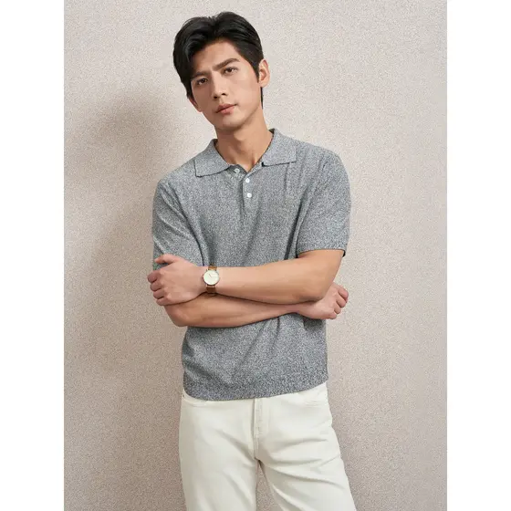 Aojia 12 agulhas texturizadas malhas masculinas Anti-rugas Drape camisa POLO de manga curta lapela pequena xadrez primav