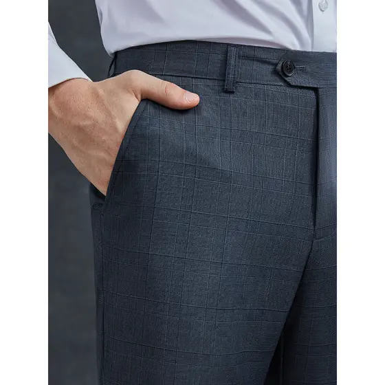 [Aojia] Calças de terno Formal masculinas azul xadrez calças de negócios casuais de lã calças masculinas de cintura médi