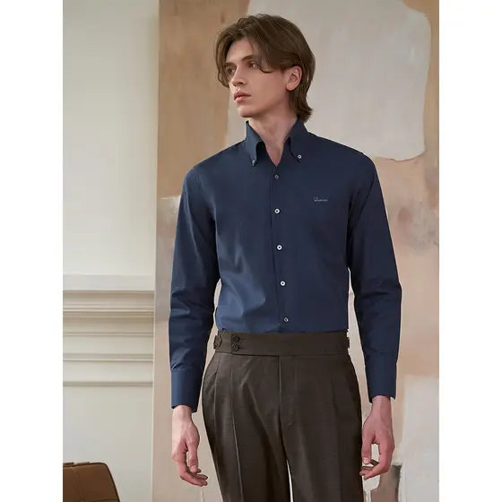 Aojia camisa de manga comprida masculina negócios Formal Wear azul polegada camisa magro ajuste puro algodão Casual cami