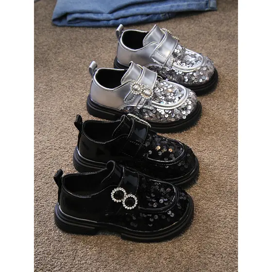 Meninas sapatos de couro lantejoulas diamante brilhante estilo ocidental sapatos de princesa 2024 primavera outono sapat