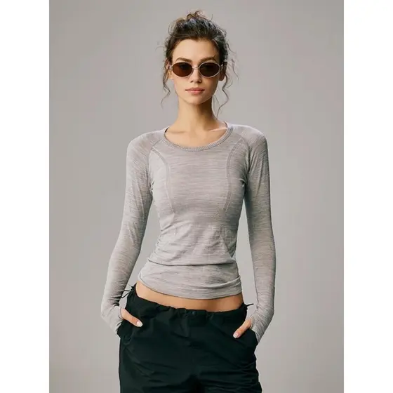 Camiseta esportiva de manga comprida para meninas, roupas de secagem rápida, roupas de Fitness, corrida, ioga, Top cinza