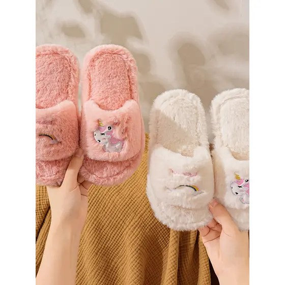Meninas chinelos de algodão meninas outono inverno novo estilo arco-íris pônei bebê dos desenhos animados bonito peludo