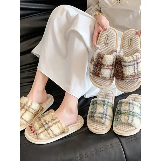 Chinelos de linho feminino simples listrado casa sapatos de chão estilo japonês algodão linho sola macia quatro estações