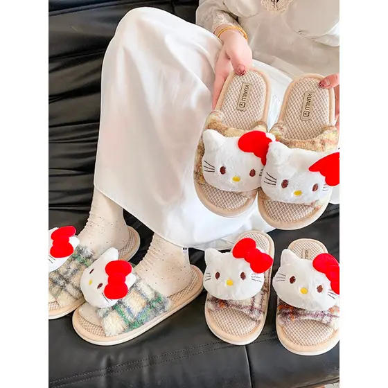 HelloKitty Chinelos de linho para uso externo, casa interna 2025, novo desenho animado fofo, quatro estações, chinelos c