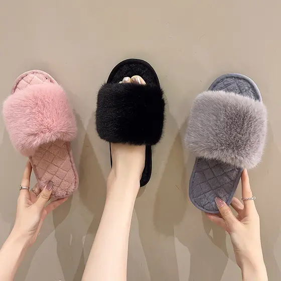 Amazon Cross-Border inverno pelúcia chinelos abertos chão chinelos de algodão interior casa quente xadrez peludo