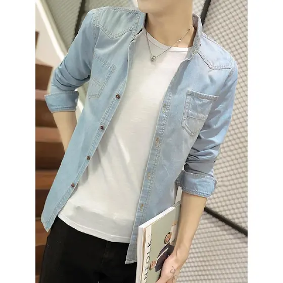 2026 outono novo estilo camisa jeans masculina de manga comprida fino ajuste versão coreana camisa masculina bonito jaqu