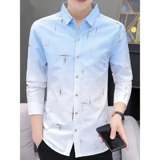 Popular estilo ocidental roupas masculinas gradiente camisa de manga comprida masculina versão coreana na moda bonito ma