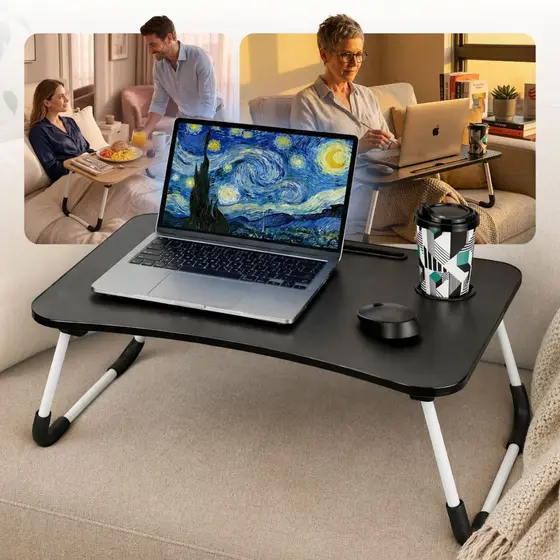 Mesa Portátil Dobrável Para Notebook Home Office Estudo Refeição Cama Com Porta Copo MDF