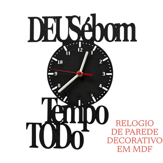 Relógio Decorativo de Parede em MDF Preta Decoração Deus é Bom o Tempo Todo