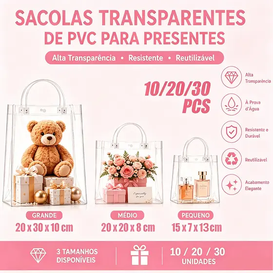 【10/20/30pcs】saco de presente transparente com alça saco de festa de plástico transparente de PVC