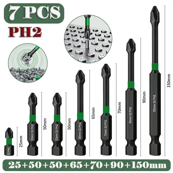 Bits Phillips PH2 Magnético Anti-Impacto - Jogo 7 Peças (25-150mm) em Aço S2 Anti Derrapante com Sextavado 1/4