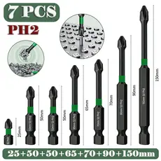 Bits Phillips PH2 Magnético Anti-Impacto - Jogo 7 Peças (25-150mm) em Aço S2 Anti Derrapante com Sextavado 1/4