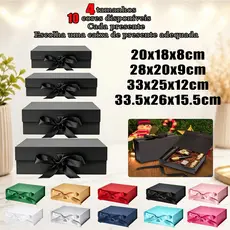 Caixa rígida / cartonada dobrável com fecho magnético e fita de cetim para presente-4 tamanhos