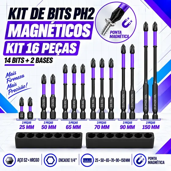 Jogo 14 Ponteiras Philips Magnéticos PH2 de Impacto Anti Derrapante Parafusadeira Bits Cruzado