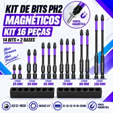 Jogo 14 Ponteiras Philips Magnéticos PH2 de Impacto Anti Derrapante Parafusadeira Bits Cruzado