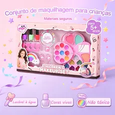 Maquiagem Infantil Não Tóxica e Lavável, Conjunto Completo em Maleta Brinquedo Seguro para Meninas