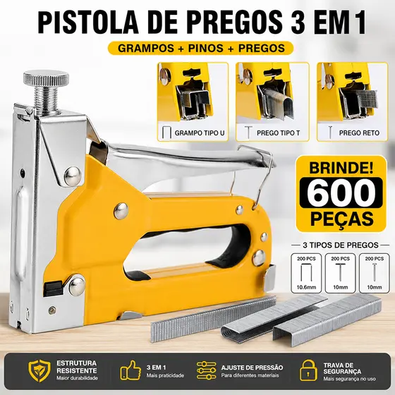 Grampeador Tapeceiro Profissional com 600 Grampos Ferramenta para Estofamento