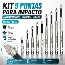 kit 9 bits ph2 philips magnéticos antiderrapantes, resistentes a impacto, liga s2 para parafusadeira de impacto