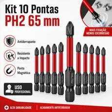 Jogo 10 Ponteiras Philips Magnéticos PH2 de Impacto Anti Derrapante Parafusadeira Bits Cruzado