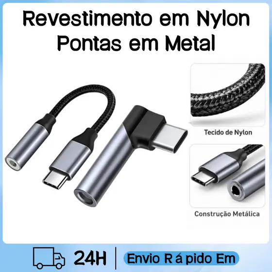Adaptador Áudio Tipo C para P2 3.5mm Formato Angulado Cabo Trançado Conversor para Fone de Ouvido