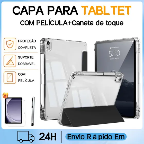 Kit Capa Transparente Para iPad 11(A16) Com Compartimento+Com Película+Caneta De Toque