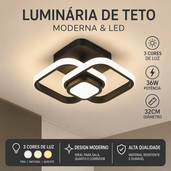 Lustre LED Com Controle Remoto Luminária Moderna 3 Cores 36W De Teto Moderno 85-264V
