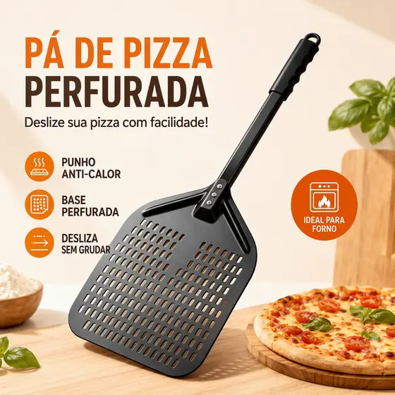 Pá para Pizza 12 Polegadas Perfurada Alumínio Reforçado Punho Anti‑Calor Espátula Forno Pizzaria Caseira