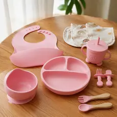 Conjunto de Silicone para Bebê 8 peças | Prato com Ventosa, Babador, Colher e Garfo | Livre de BPA