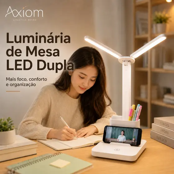 Luminária De Mesa LED Axiom Abajur Duplo Sem Fio Dobrável Para Estudo Leitura Quarto
