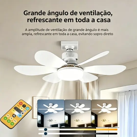 Ventilador de Teto com Luz LED 60W Bocal E27 Controle Remoto 6 Pás Super Quiet Silencioso 3 Cores 2 em 1 Bivolt Economia