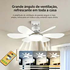 Ventilador de Teto com Luz LED 60W Bocal E27 Controle Remoto 6 Pás Super Quiet Silencioso 3 Cores 2 em 1 Bivolt Economia