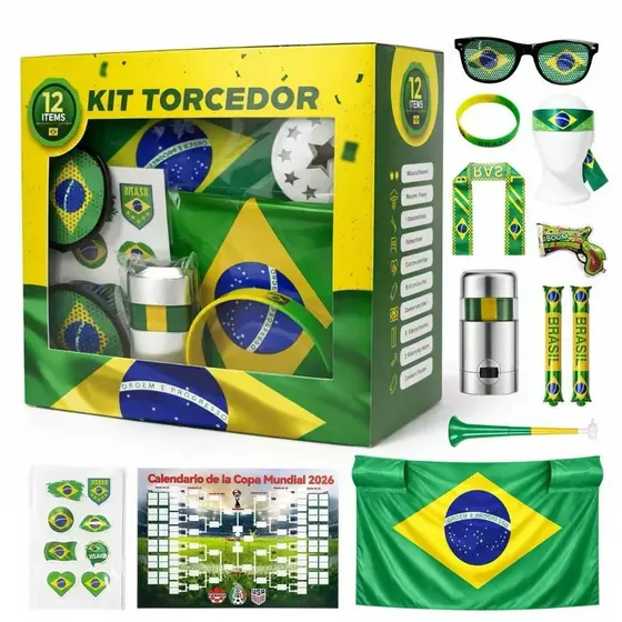 Kit Torcedor Brasil Completo 12 Itens para Copa do Mundo 2026 - Acessórios para Torcer pela Seleção