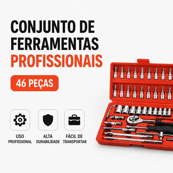 Kit de Ferramentas Automotivas Profissional 46 Peças com Chave Catraca Reversível e Soquetes