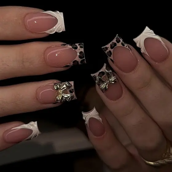 Estilo francês Wearable unhas leopardo impressão tridimensional arco doce legal quente menina unhas falsas destacável Ma