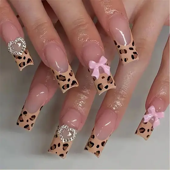 Usando unhas tubo longo leopardo impressão arco francês amor unhas falsas destacáveis unhas falsas peças de Manicure