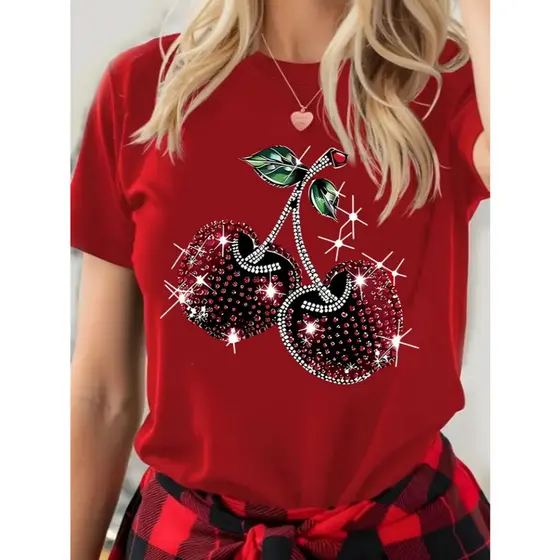 CAMISETA FEMININA CASUAL T-SHIRT FASHION E ESTILOSA CEREJA BRILHANTE