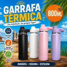 Garrafa Térmica Inox 800ml Esportiva Com Alça Portátil Academia Água Fria Quente