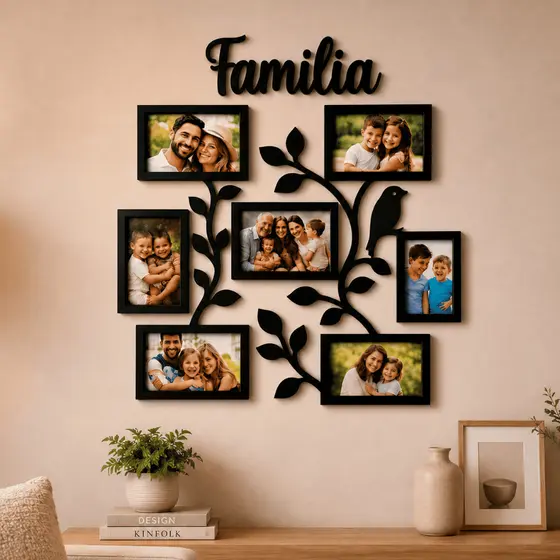 Quadro Decorativo Família em MDF para 7 Fotos 10x15 Painel de Parede para Sala Quarto e Corredor