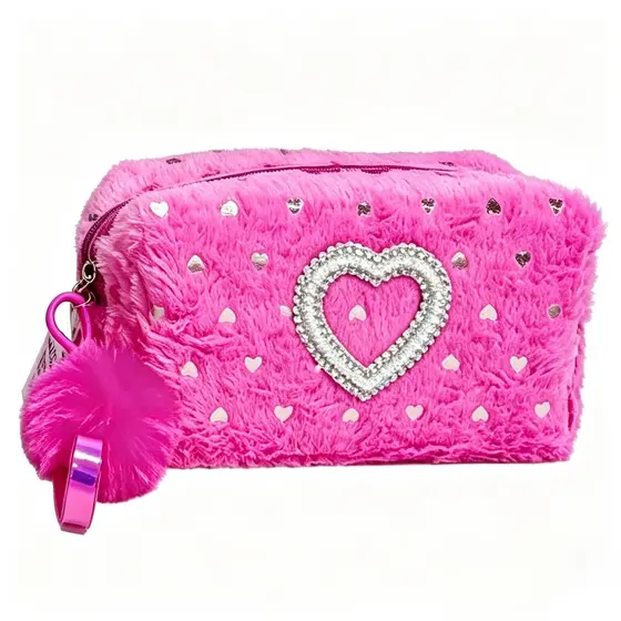 Necessaire para Cosméticos Pelúcia Macia com Pompom e Strass